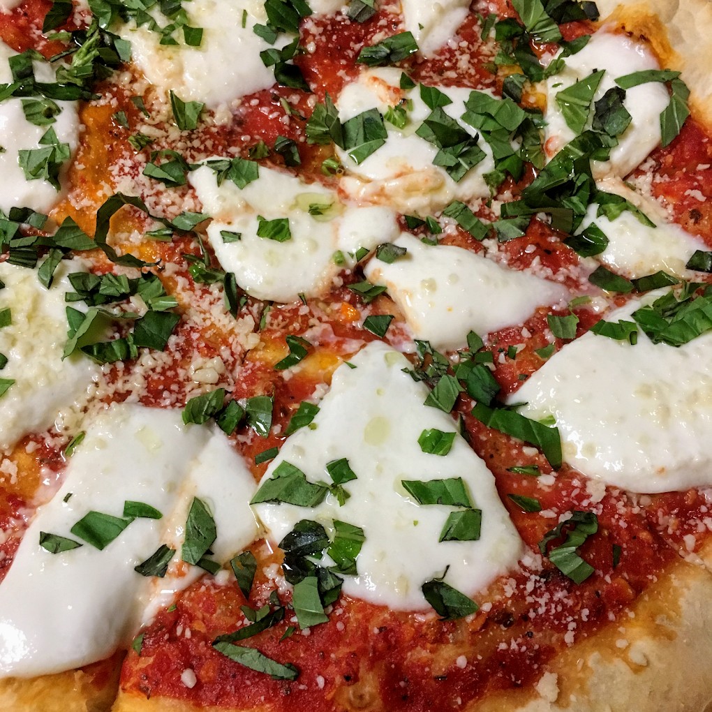 Fresh Margherita-style pizza at Pecorino's Pizzeria, Middletown New York